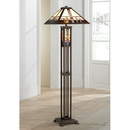 - Robert Louis Tiffany Mission Floor Lamp Art Deco with Nightlight Oiled Bronze Stained Glass Shade for Living Room Reading Bedroom