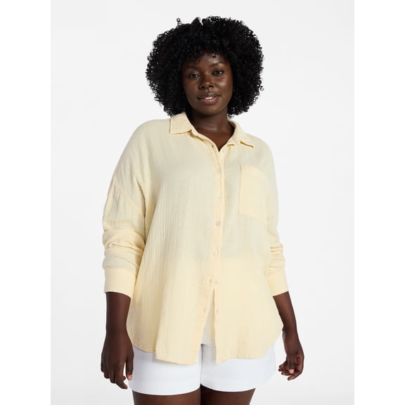 Terra & Sky Women's Plus Size Double Cloth Boyfriend Shirt, Sizes 0X-5X