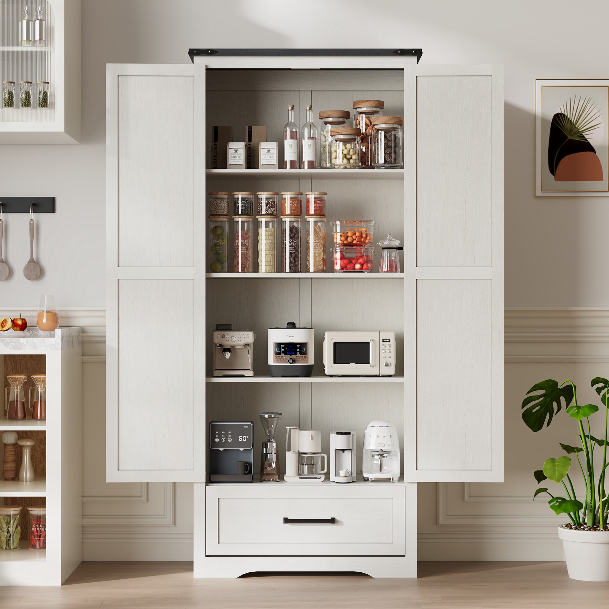 ACCOHOHO Pantry Cabinet, 72" Tall Farmhouse Storage Cabinet with Adjustable Shelves & 1 Drawer for for Kitchen, Dining Room, White