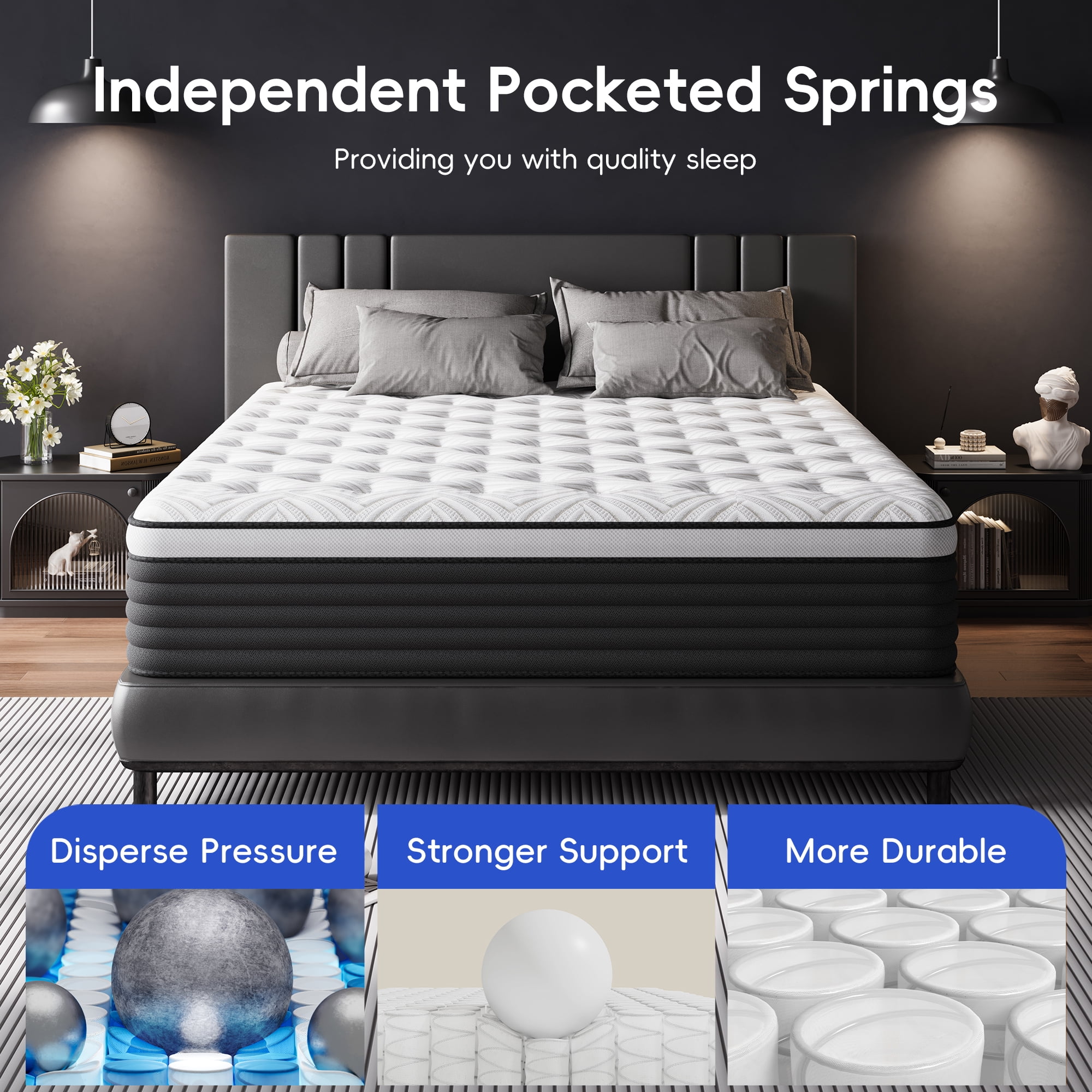 Full Mattress 12 Inch, Hybrid Memory Foam Mattress in a Box, Pressure Relief for Back Support, Medium Firm, Individually Pocket Springs, CertiPUR-US Certified, Grey Full Size