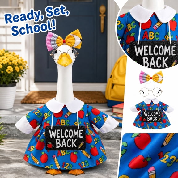 Porch Goose Outfit, Back to School Porch Goose Outfit, Porch Goose Clothes, Back to School Decor, 23X16 Inch Set of Goose Clothes, Pencil Print Bow Accessory, Round Glasses,
