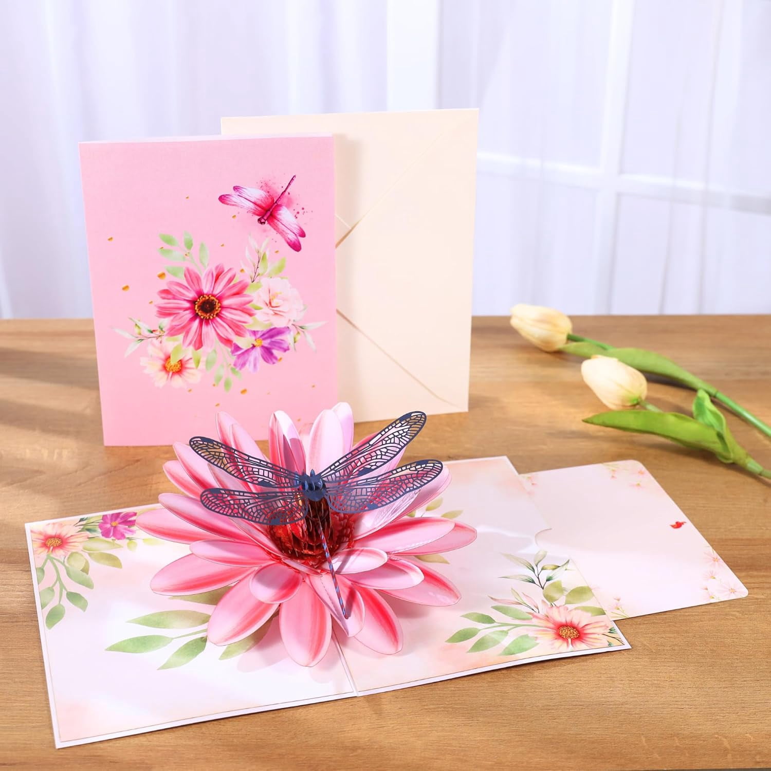 Pop Up Mothers Day Cards, Dragonfly&Gerbera Daisies Flower 3D Birthday Card for Women, Mom; Gift for Birthday, Mother’s Day, Valentines, Thank You,All Occasion for Her, Wife, Grandma, Sister, Dau