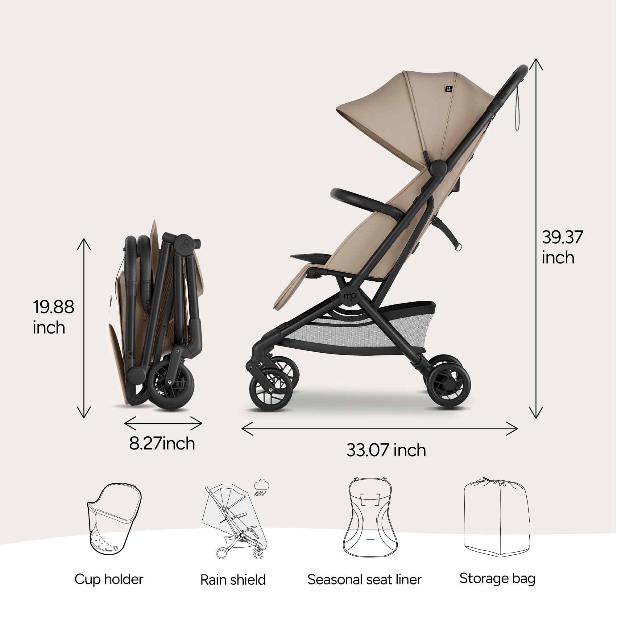 Mompush Velo Lightweight Travel Stroller with Lie-Flat Recline Seat, Airplane Friendly, Khaki, 18.8 LB, Unisex