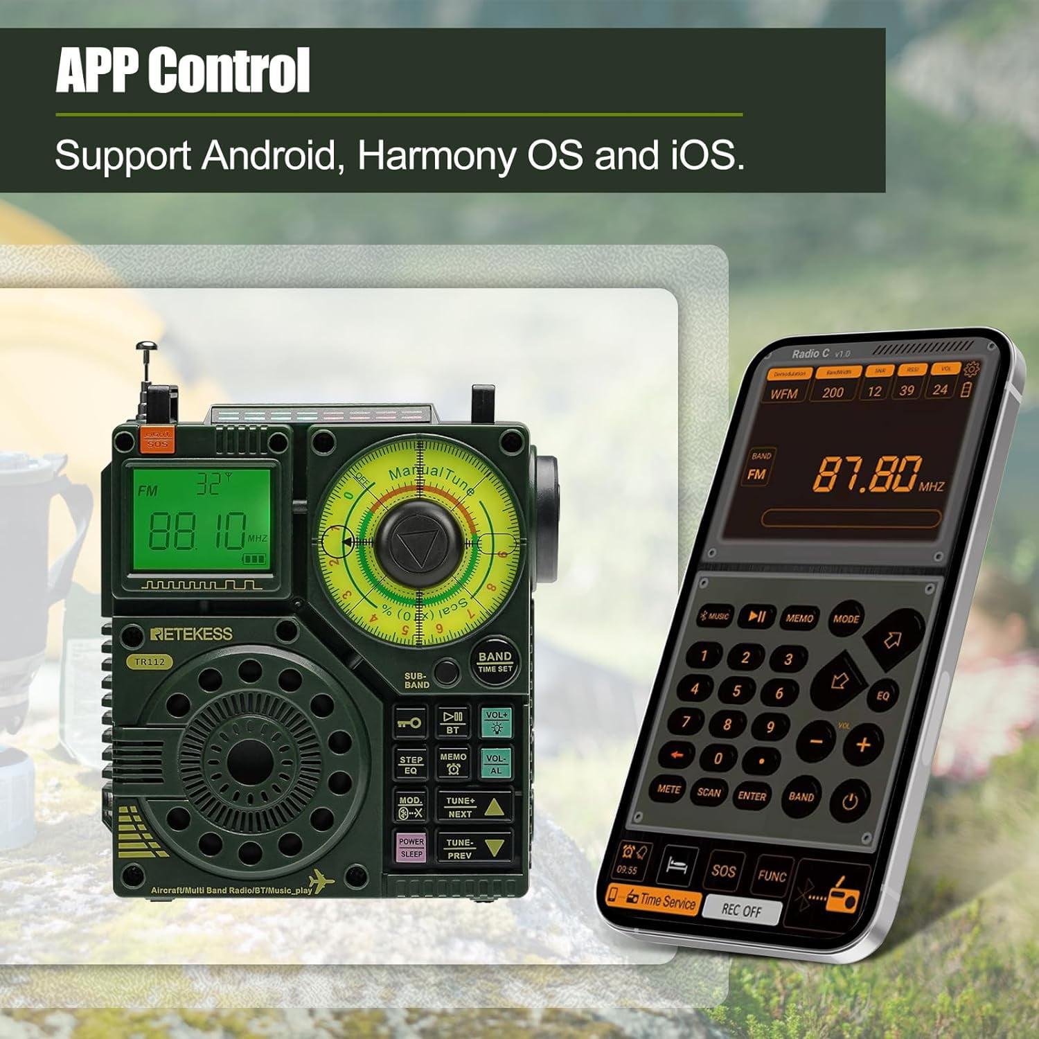 Retekess TR112 Portable Shortwave Radio, emergency radio,Multiband Radio Receiver, APP Control, AM FM SW AIR VHF WB Receiver with Bluetooth, TF, 6 EQ Modes, SOS, Clock