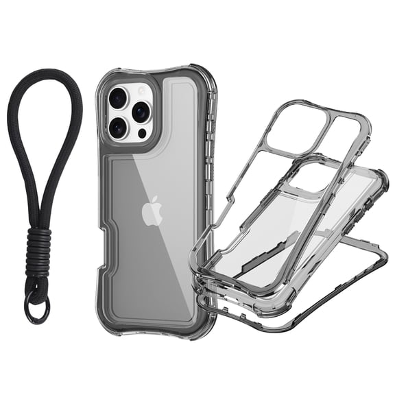 Compatible with iPhone 16 case,Soft Silicone Bumper & Crystal Clear Hard PC Back and Hard PC Inner,[Military Grade Drop Protection] 3 in 1 Heavy Duty Case with Hand Strap,Black