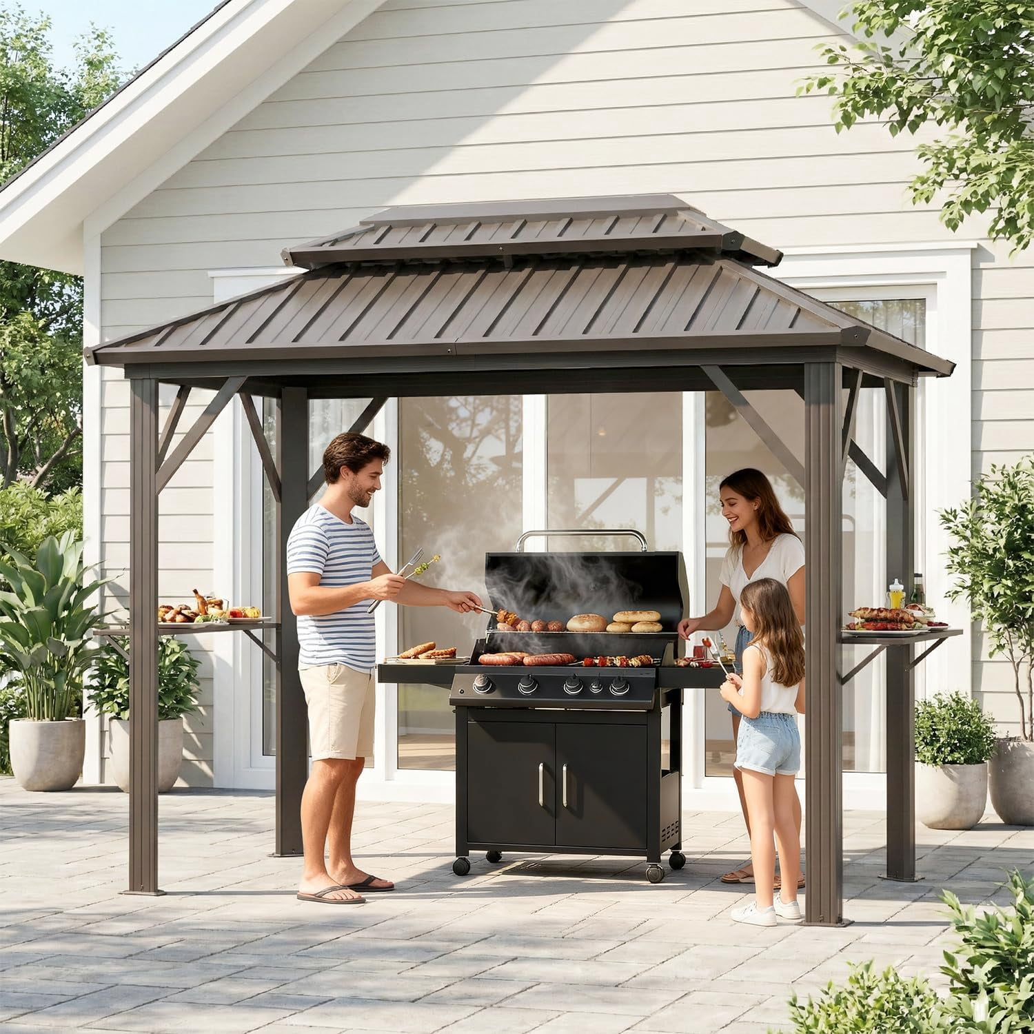 Richryce 10' x 6' Grill Gazebo with Double Galvanized Steel Roof, Outdoor Metal BBQ Gazebo Hardtop Permanent Grill Canopy with Side Shelves and Ceiling Hooks for Patio Garden (Brown)