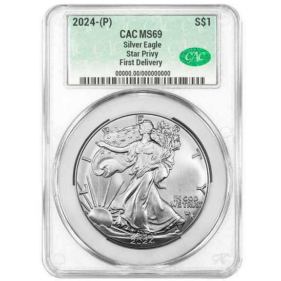 2024 (P) $1 American Silver Eagle Star Privy CACG MS69 First Delivery