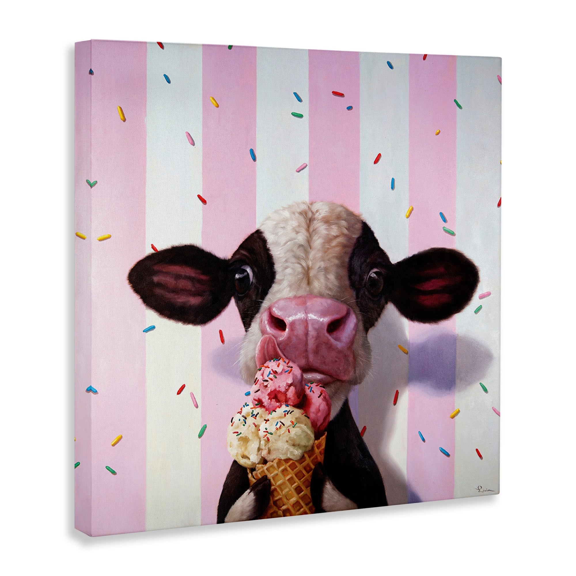Stupell Industries Cute Baby Cow with Ice Cream Cone Pink Stripes,24 x 24,Designed by Lucia Heffernan