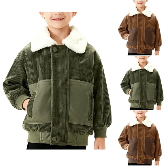 Zpanxa Kids Corduroy Sherpa Collar Jacket Boys Patchwork Button Up Warm Winter Bomber CoatArmy Green 4 Years