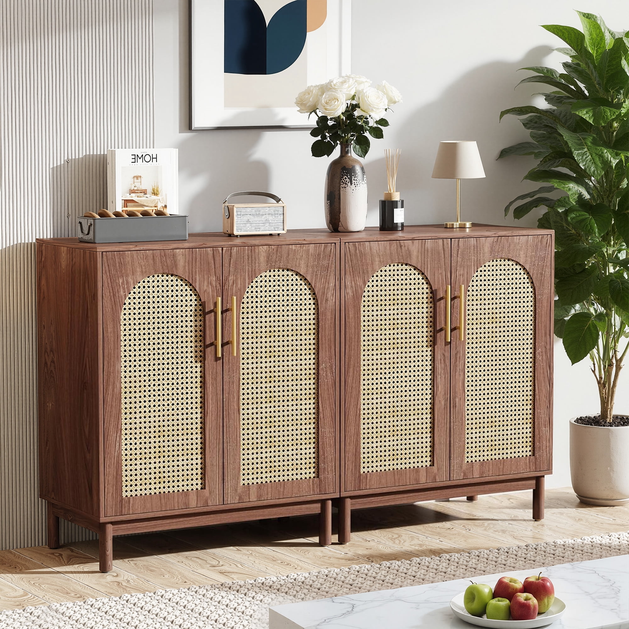 MAYEERTY Set of 2 Rattan Sideboard Buffet Cabinet, Handmade Natural Rattan Door Storage Credenza, MDF Wood Coffee Bar TV Console for Dining Living Room
