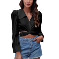 thumbnail image 1 of Puff Top corto de manga larga Color puro Casual Mujer Twist Front Tie Back Blusa para uso diario Negro XL, 1 of 5