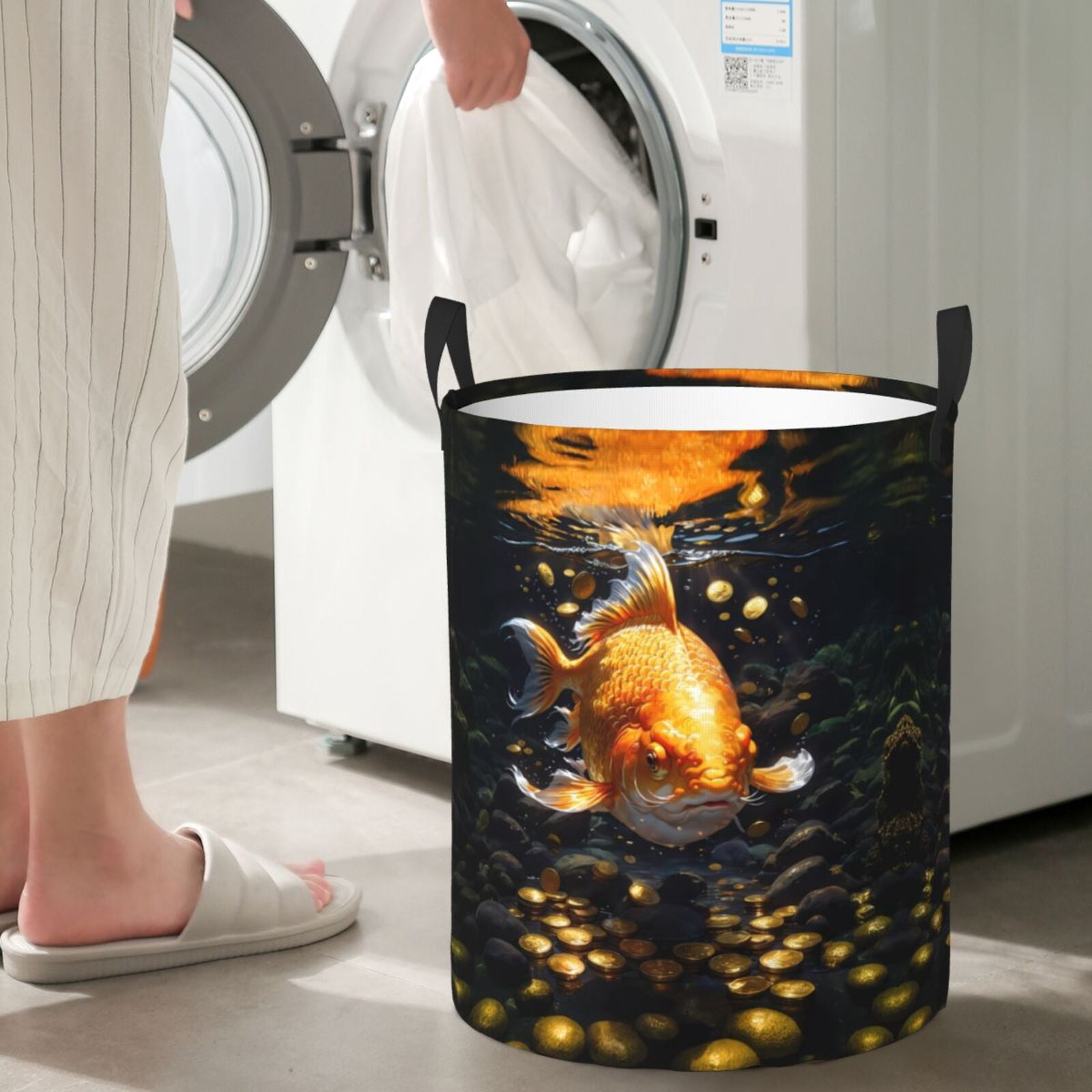 Large Laundry Basket with Handles - Golden Koi And Treasure Kids Baby Dirty Clothes Laundry Hamper for Bedroom Aesthetic