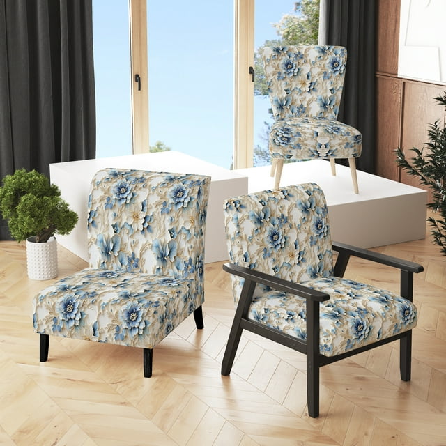 Designart "Azure Damask Elegance" Beige Floral Upholstered Accent Chair - Cottage Arm Chair For Living Room