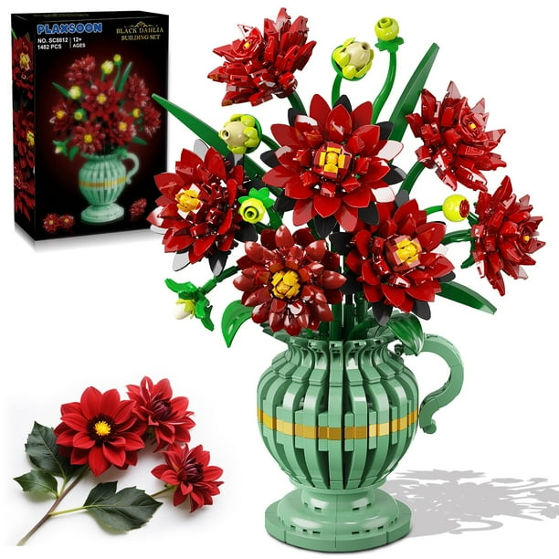 Building Block Toy PLAXSOON Dahlia Flowers con jarrón, 1482 unidades