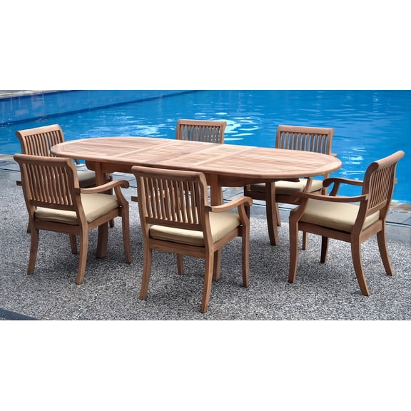 7-Piece Teak Dining Set: 94" Oval Extendable Table   6 Arbor Stacking Arm Chairs