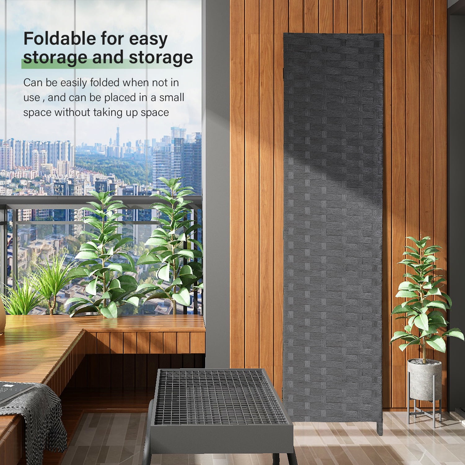 FDW 4 Panel Simple Pastoral Style Foldable Porch Living Room Office Room Divider,Brown