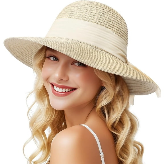 Womens Beach Sun Straw Hat - UV Protection UPF 50 Sun Hats for Women with Wide Brim