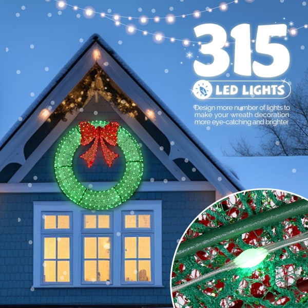 48in Pre-Lit Outdoor Christmas Wreath - 315 Warm White LED Lights, Green Foliage with Red Bow, Timer Remote Control, Weather-Resistant