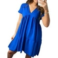 thumbnail image 3 of MAWCLOS Femmes Mini Robes Couleur Unie T-Shirt Robe Manches Courtes Robe de Soleil Casual Été V Cou Bleu Profond S, 3 of 5