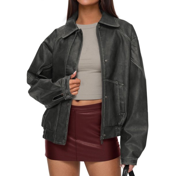 Abrigo PRETTYGARDEN Bomber Oversize de Cuero Sintético Gris 2XL
