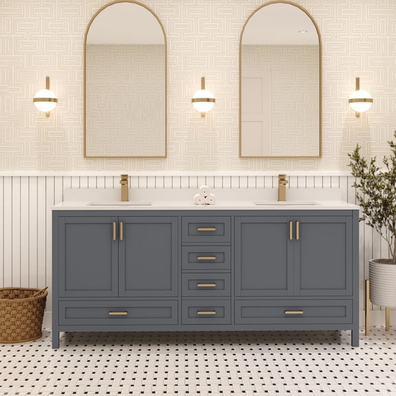 Ayna Decors Rooh 72 in Charcoal Grey Double Sink Bathroom Vanity Set with White Quartz Countertop | 4 Soft Closing Doors | 6 Full Extention Soft Close Drawer | Gold Hardware