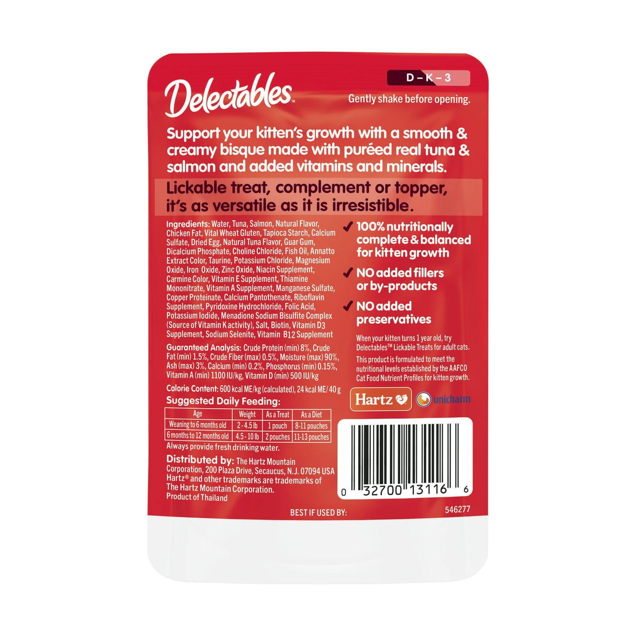 Hartz Delectables Bisque for Kittens, Complete & Balanced Lickable Wet Cat Treat, Tuna & Salmon, 12ct