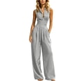 thumbnail image 2 of Women's Sleeveless Jumpsuit, Turndown Collar V-Neck With Pockets, Fashion One-Piece Pants For Office & Casual Outings Gray M, 2 of 7