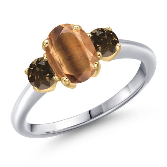 Gem Stone King 10K Two Tone Gold Brown Tiger Eye and Brown Smoky Quartz Engagement Ring for Women | 1.77 Cttw | Oval 8X6MM | Gemstone Birthstone | Size 7