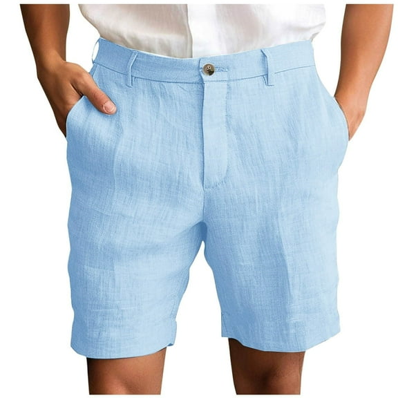 Lodgix Men's Linen Shorts Casual Button Elastic Waist Summer Beach Vacation Shorts with Multi-Pocket Light Blue-L