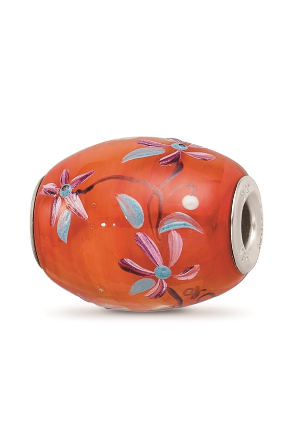 Sterling Silver Hand Painted Orange Floral Fenton Glass Charm