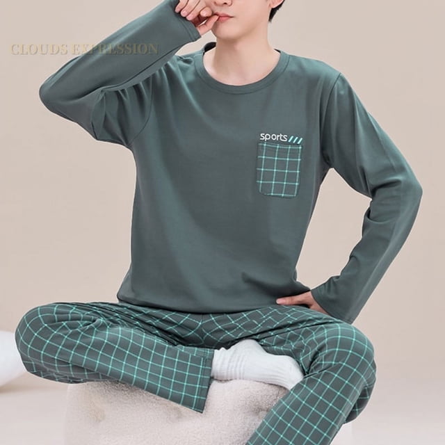 Printemps Automne Plus 5TG Pyjama Tricoté pour Hommes à Carreaux Ensembles de Pyjamas Décontractés Mode Nuit