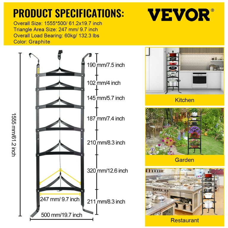 VEVOR 6-Tier Cookware Stand, Carbon Steel Multi-Layer Pot Rack, 61