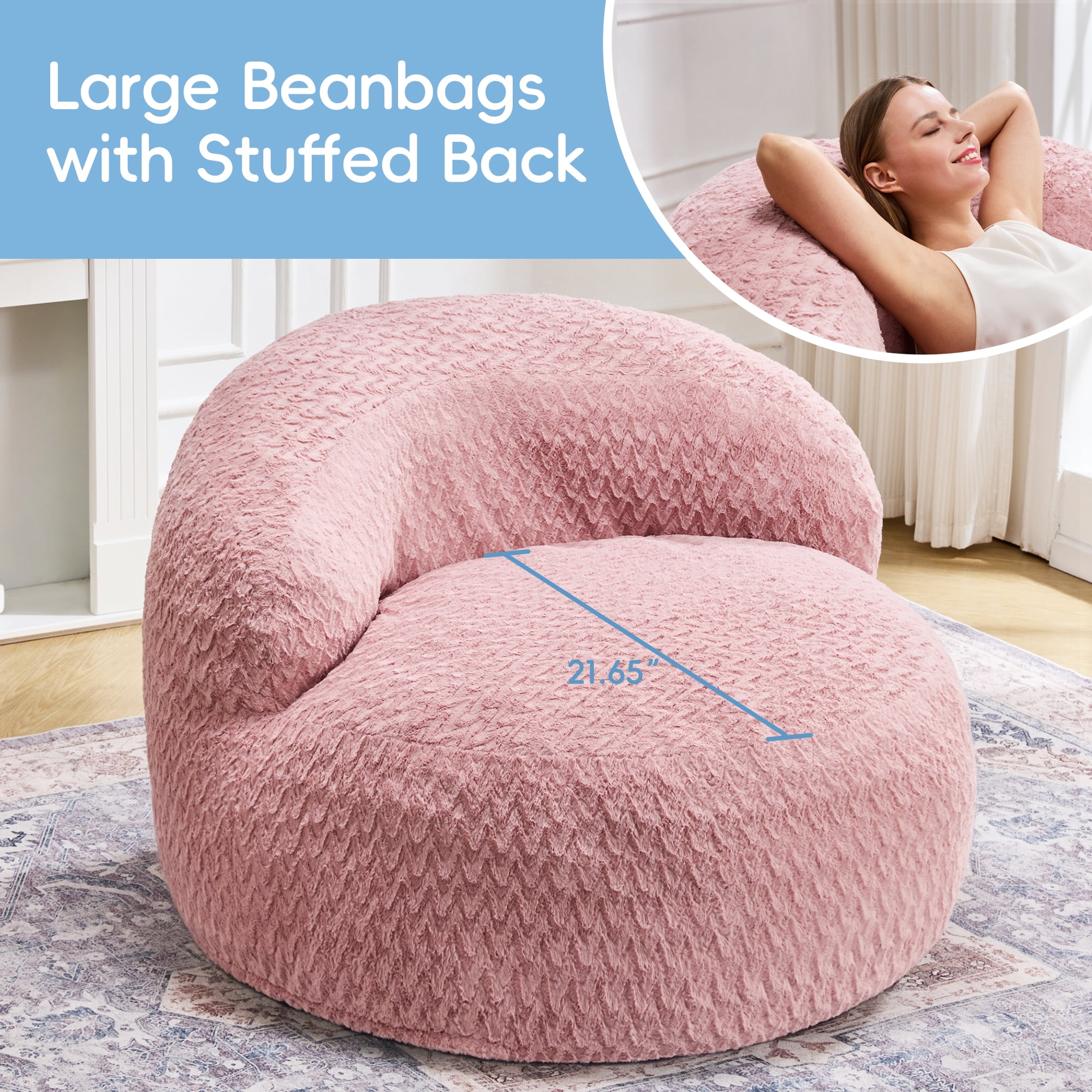 Hobestluk 3FT Bean Bag Chair for Adults with Memory Foam Filler Giant Beanbag with Faux Fur Cover for Bedroom (Chevron Pink,Large)