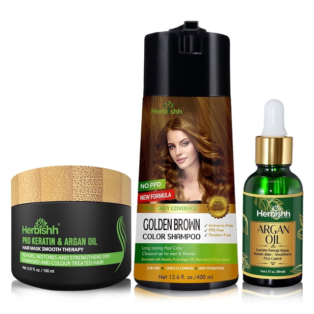 Herbishh Hair Color Shampoo for Gray Hair - PPD-Free Hair Dye Shampoo and Conditioner + Argan Oil 30mL Hydrating Hair Oil + Pro Keratin Argan Oil Hair Mask for Dry, Damaged Hair 150mL (Golden Brown)