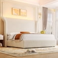 thumbnail image 2 of Hiphuta Modern King Size Corduroy Upholstered Bed Frame, LED Platform Bed Frame with 55"H Vertical Stripe Tufted Corduroy Velvet Wingback Headboard, White, 2 of 10