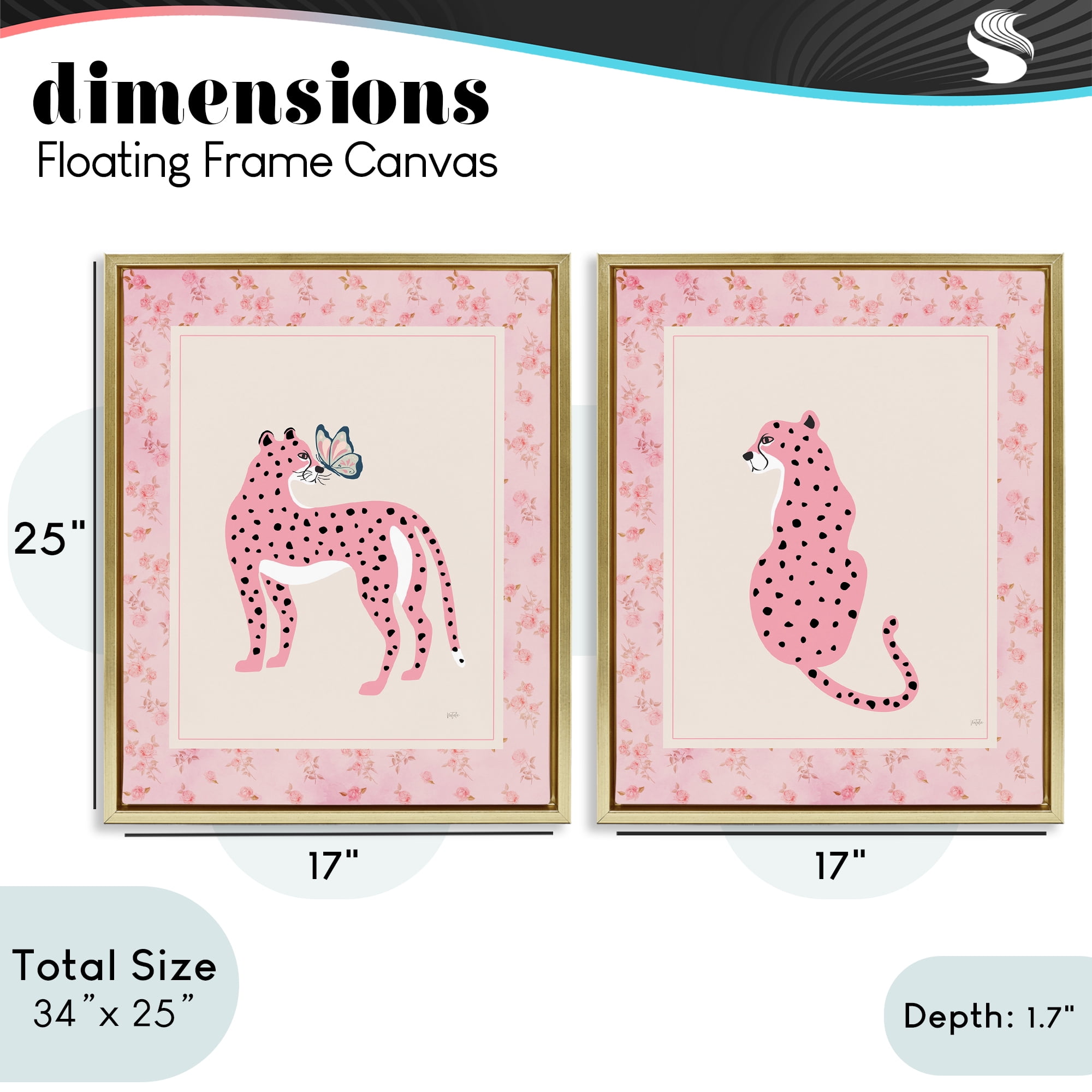 Stupell Industries Pink Leopard & Floral Border 2 Piece Gold Framed Floater Canvas Set, design by Natalie Carpentieri