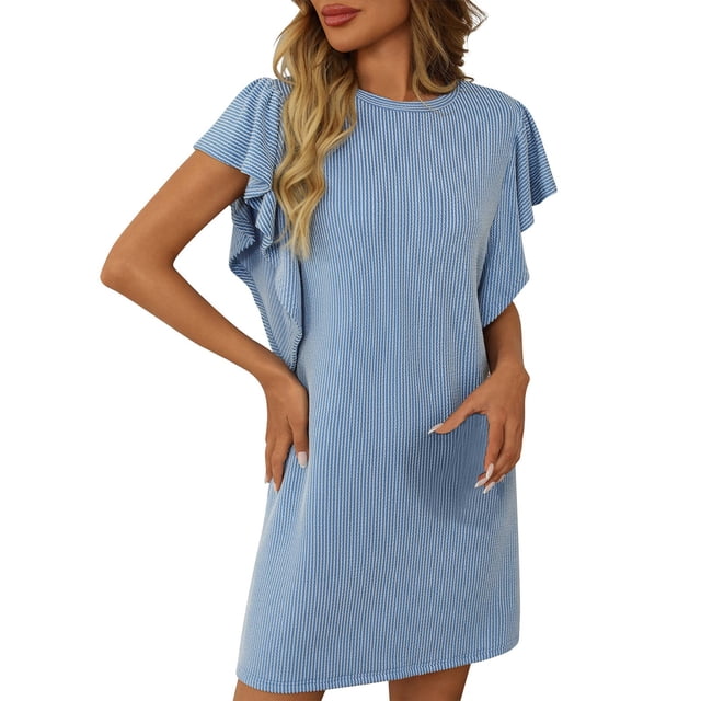 Dvprdro Robe d'Été pour Femmes 2025 Mode Unie Col Rond Manches Courtes à Volants Superposés Décontractée Ample Plage Soleil Mini-Robe