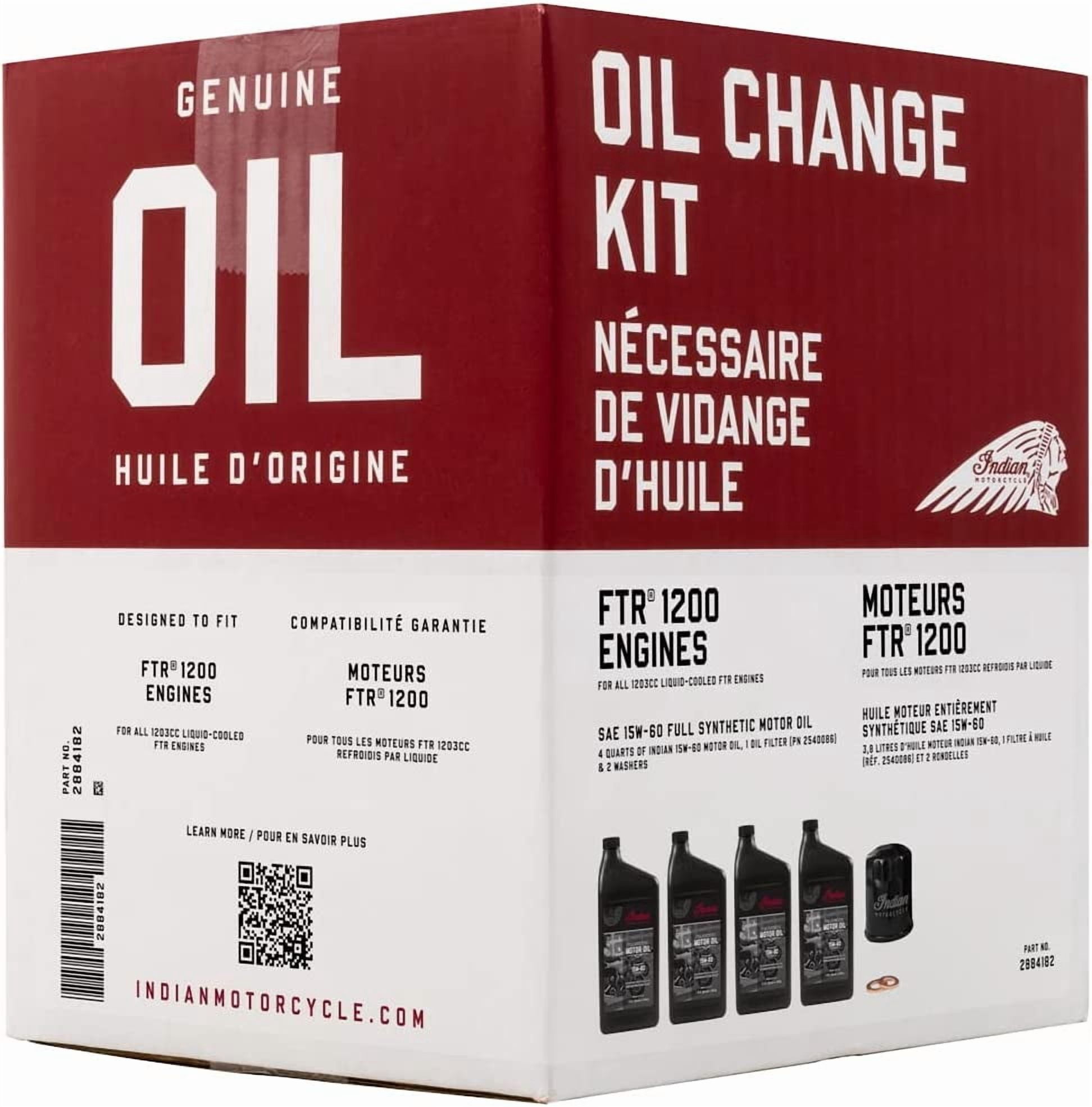 Indian Motorcycle Oil Change Kit for Specific FTR Models Including 1200, S, Rally, Sport, Carbon and More, Includes 4 Quarts 15W-60 Full Synthetic Oil, 1 Oil Filter, 2 Washers - 2884182