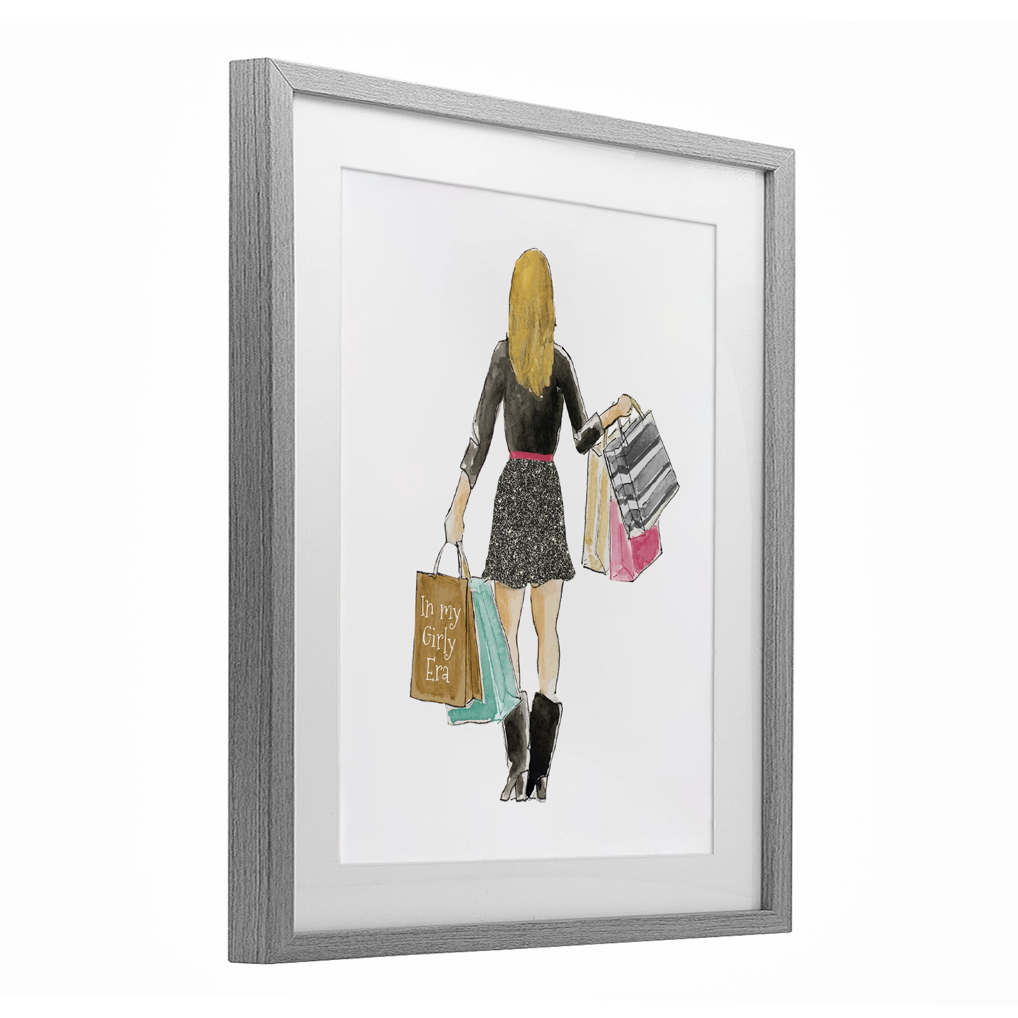 Stupell Industries Girl With Shopping Bags Gray Framed Print Under Glass, design by Lanie Loreth