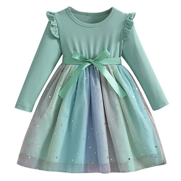 Odeerbi Niñas Lentejuelas Vestido Tul Arco Iris Primavera Otoño Vestido Manga Larga Lazo Cuello Redondo Malla Splicing