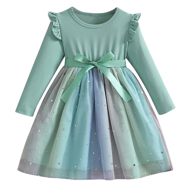 Odeerbi Niñas Lentejuelas Vestido Tul Arco Iris Primavera Otoño Vestido Manga Larga Lazo Cuello Redondo Malla Splicing