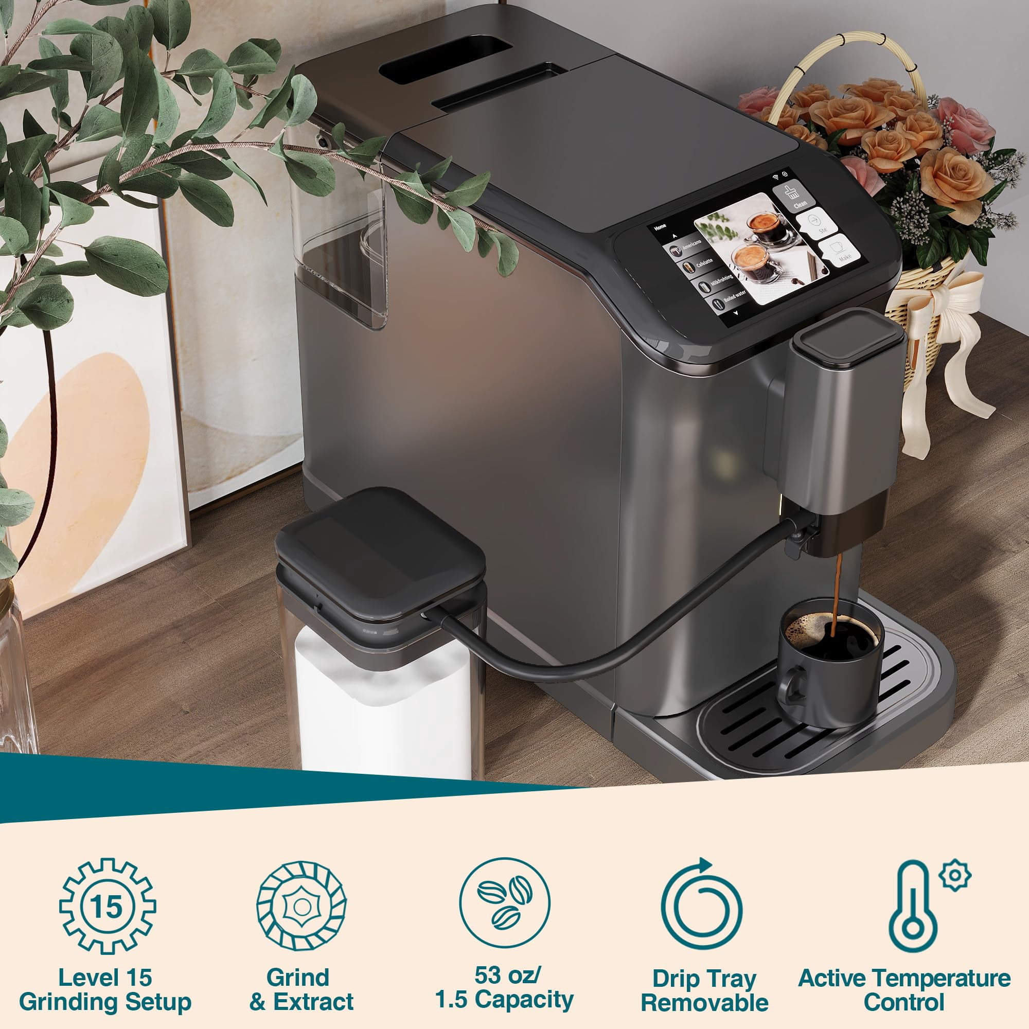Luku 20 Bar Super Automatic Espresso Machine, Bean to Cup Coffee Maker with Burr Grinder, Milk Frother & Touch Display