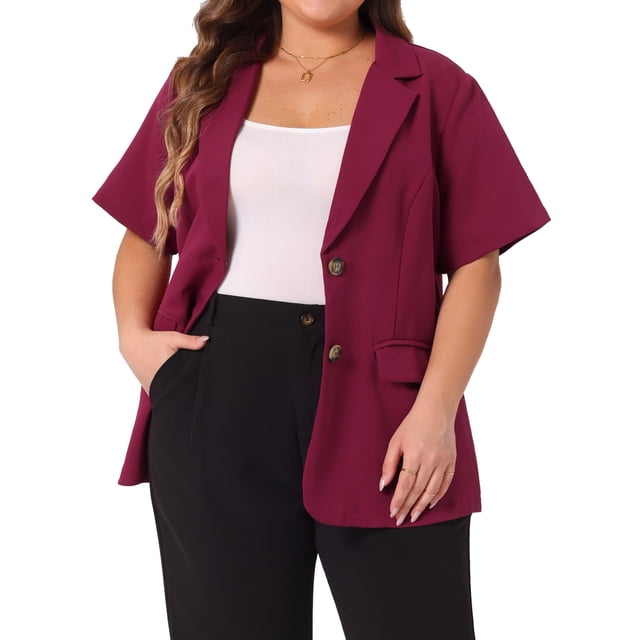 Blazers de mujer de tallas grandes Agnes Orinda, casuales, de manga corta, con solapa muestrera, chaqueta de traje para el trabajo, 4X burdeos