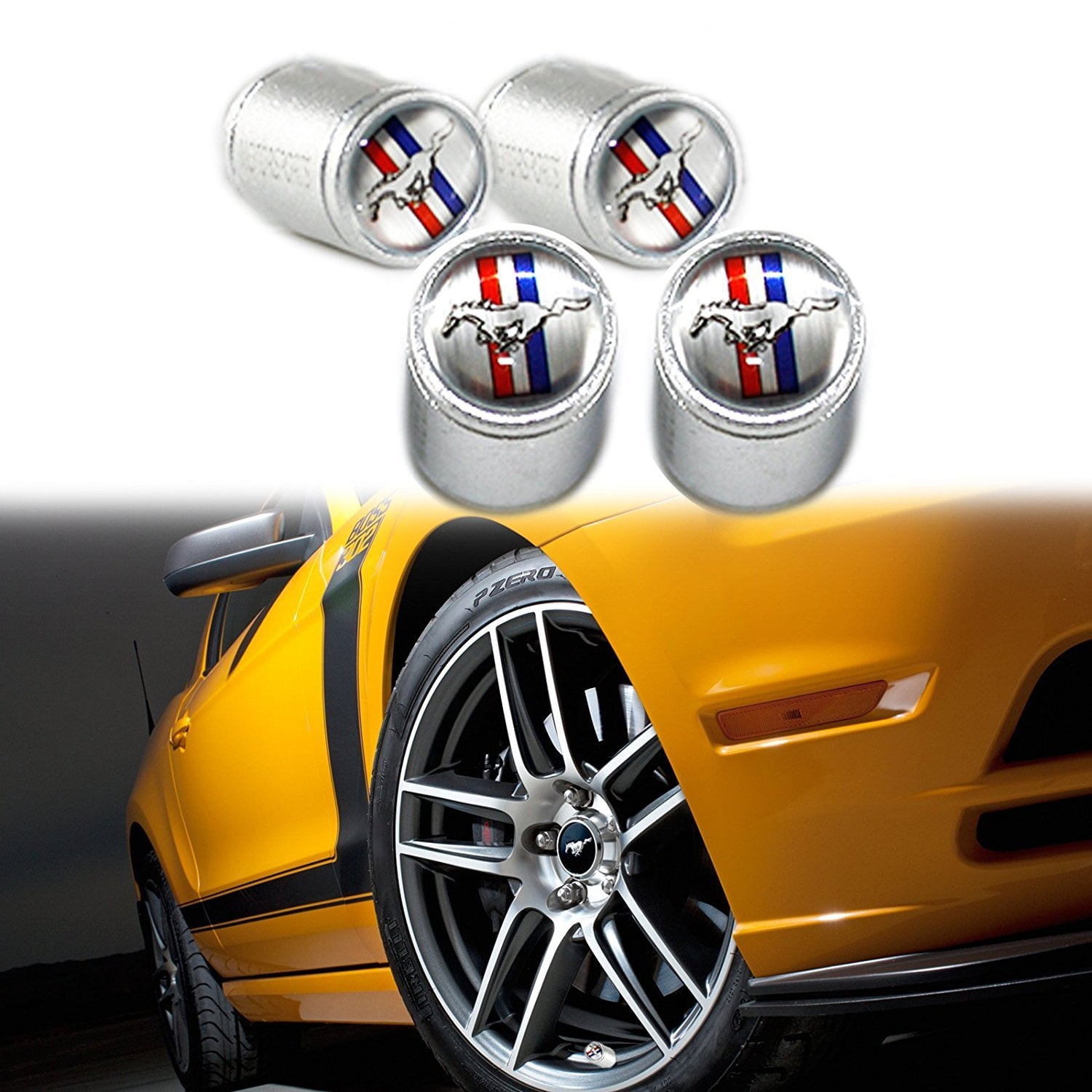 Xotic Tech Tire Wheel Valve Stem Air Dust Cover Caps Set Black Tri-Bar  Running Horse For Ford Mustang GT Shelby