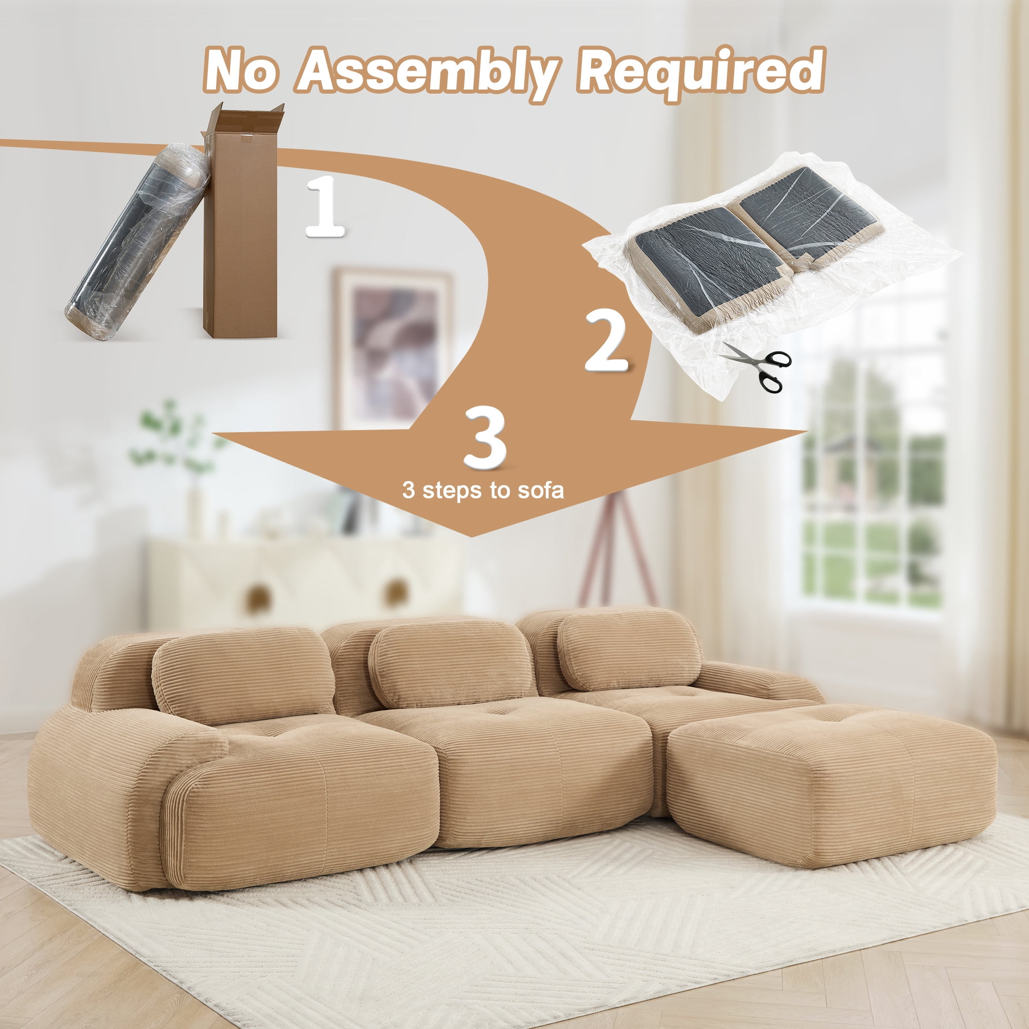 Aukfa 117" Modular Sectional Sofa Overstuffed Boneless Couch, 3Pillows, No Assembly, Corduroy, Camel