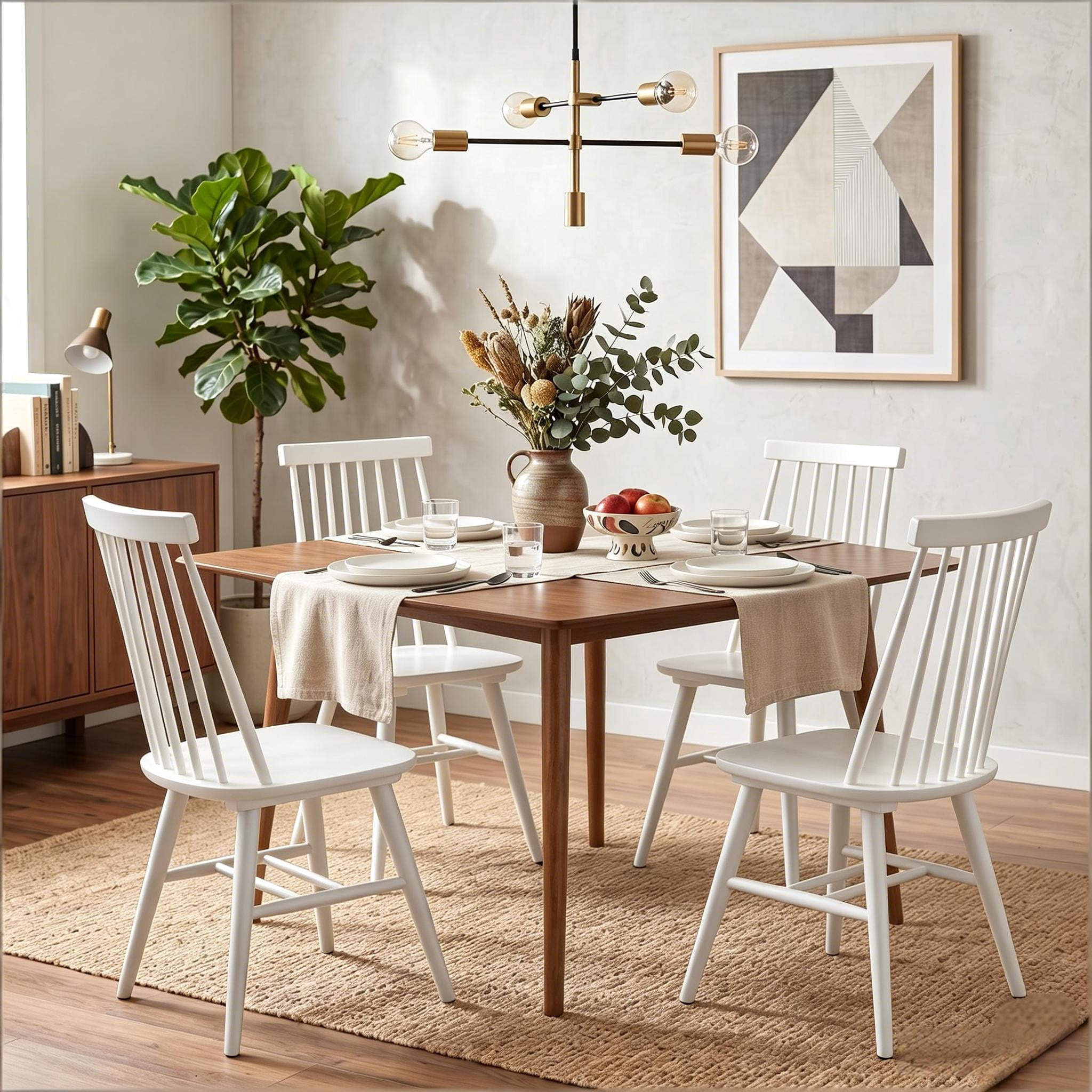 Windsor Dining Chairs Set of 4, Solid Wood Back Kitchen Chairs, Classic Farmhouse Dining Room Chairs for Kitchen, Dining Room, Living Room（White）