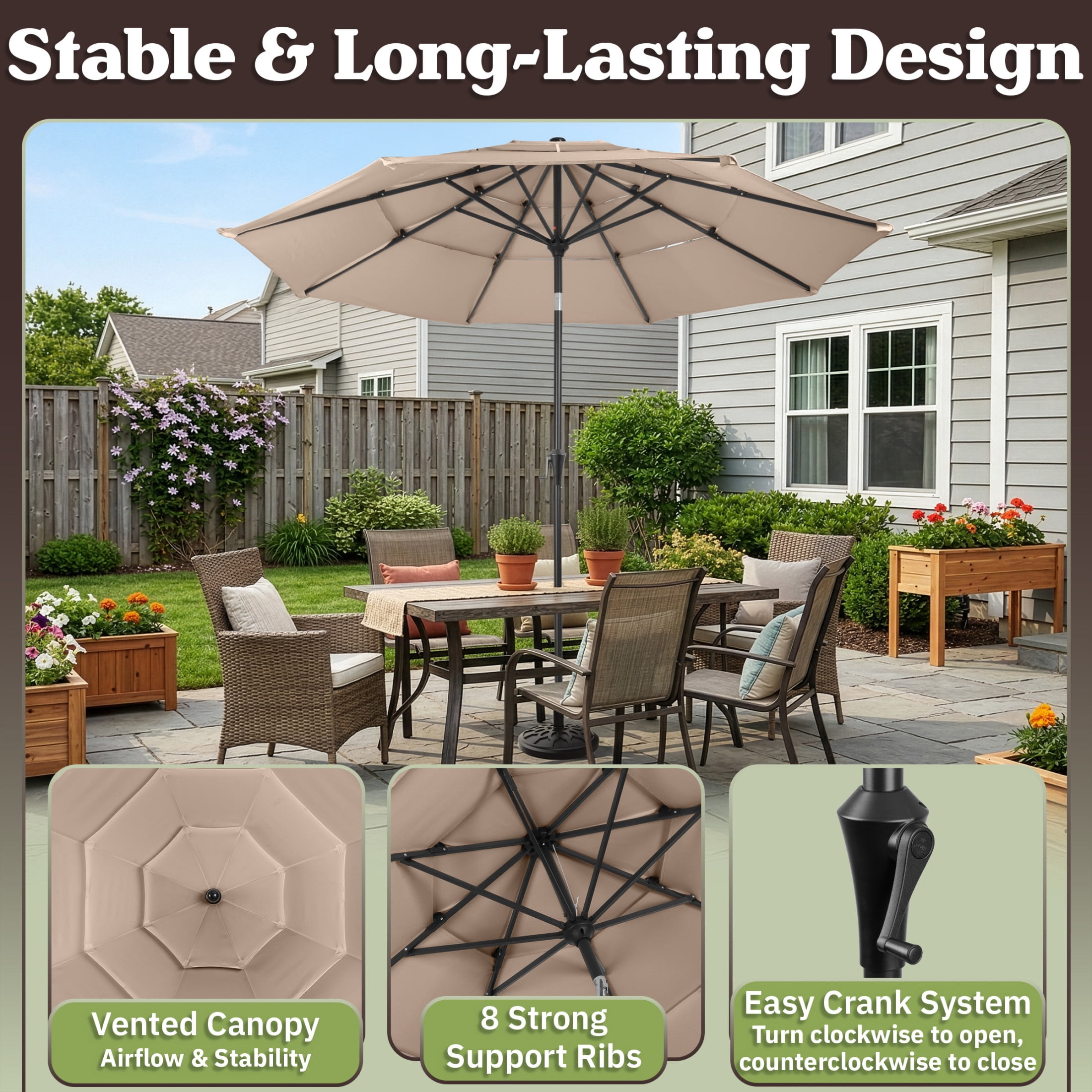 Pure Garden 10ft 3-Tier Umbrella for Patio Shade Canopy with 19lb Base, Khaki