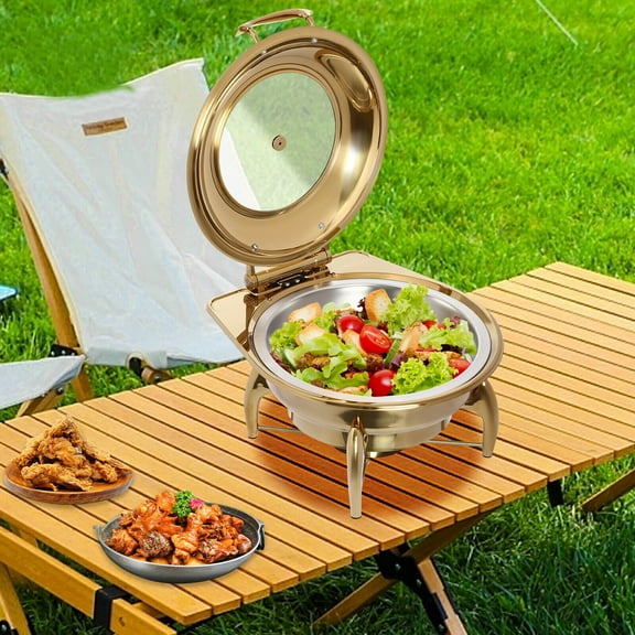 6L/6.34Qt Roll Top Stainless Steel Round Chafing Dish Buffet Set W/ Fuel Holder