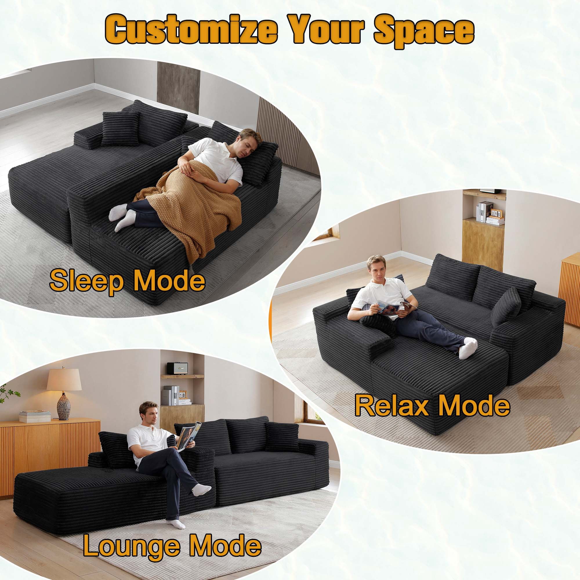 CAPCAEK 105" L-Shaped Modular Sectional Sofa with Chaise, Deep Seat Corduroy Couch with Throw Pillows for Living Room, No Assembly Required, Black