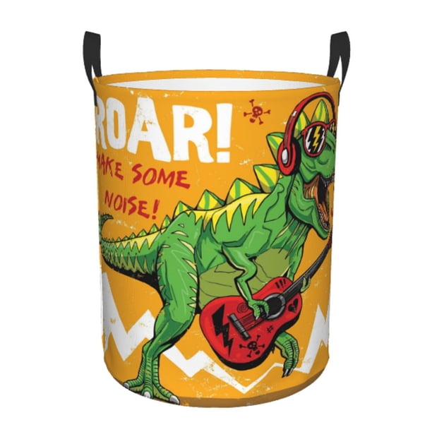 Fotbe Cool Dinosaur Playing Guitar Cesto de Ropa con Asas, Cesto Impermeable de Gran Capacidad, Bolsa de Lavado para Dormitorio, Cesto de Ropa con Ruedas y Asas-Small
